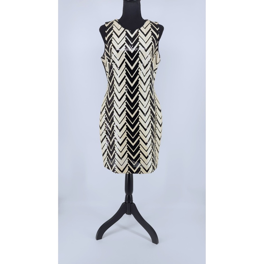 Vince Camuto Womens Sequin Chevron Sheath Dress Black Cream Size 10 Sleeveless